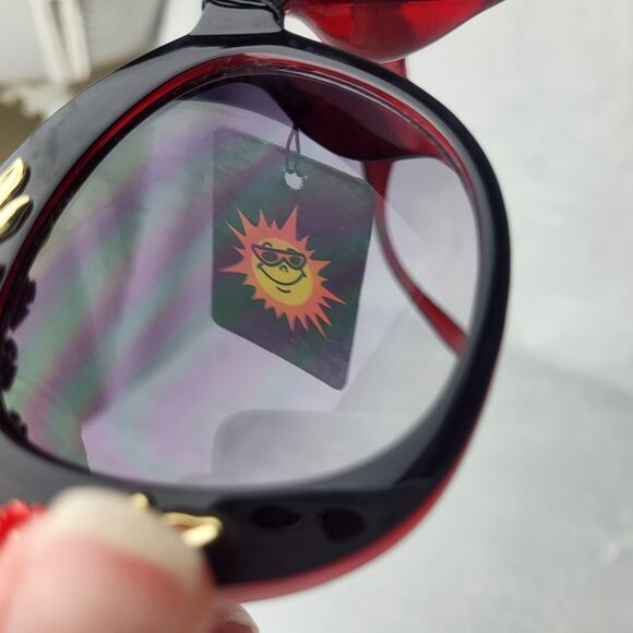 Statement Floral Embellished Cat-Eye Sunglasses Black Frame Red Gold Accents - Picture 10 of 10